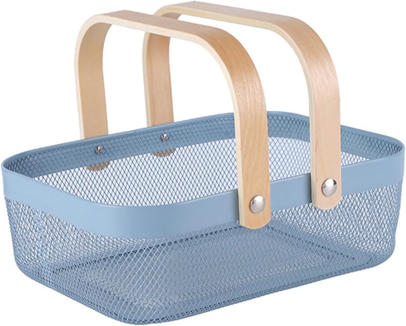 AJIODA Metal Mesh Steel Basket, Storage Organizer Baskets Garden Harvest Basket Multi-functional Kitchen Fruit Baskets Bin with Wooden Handle for Bathroom Picnic Shopping Decor Cabinet Home, Blue - Image 1